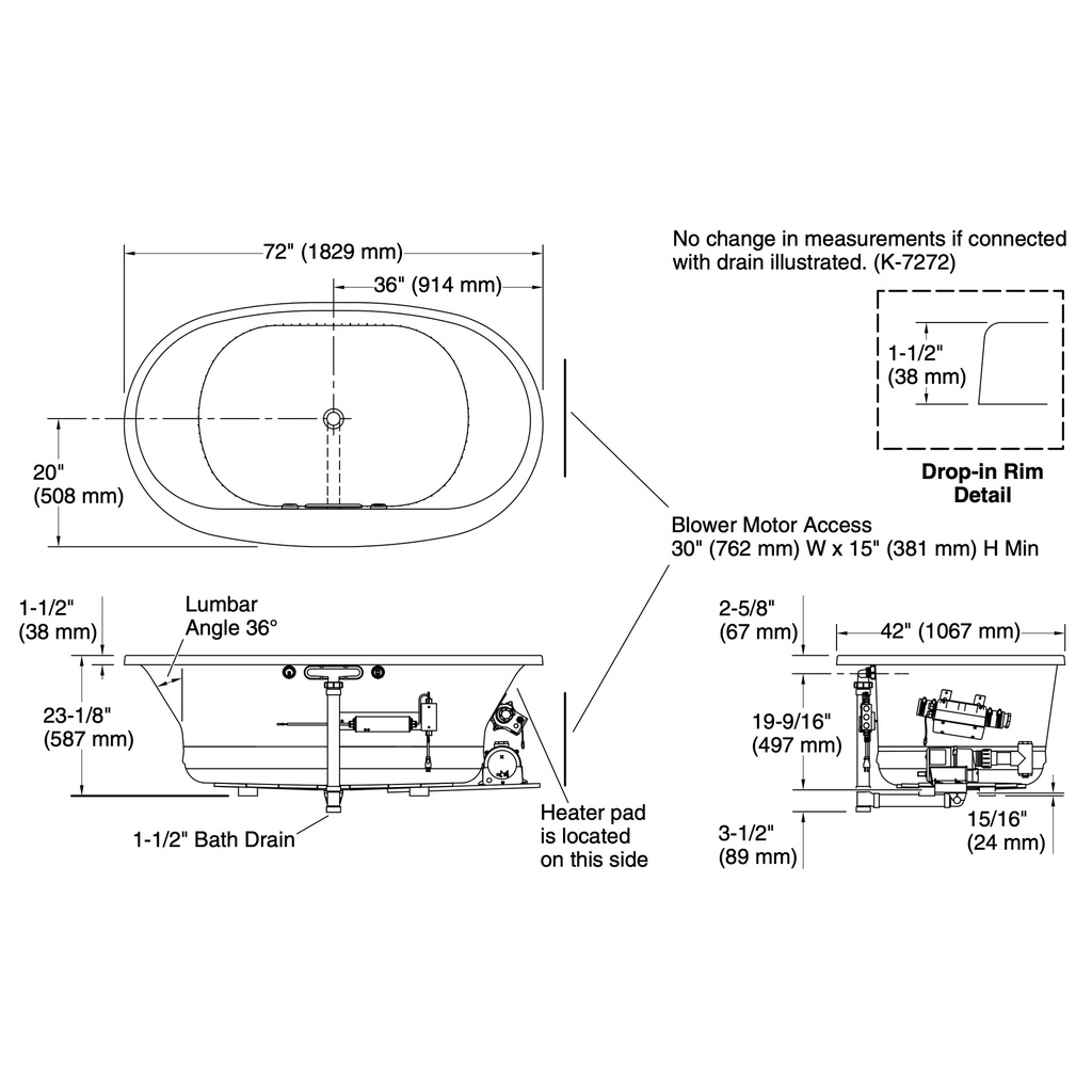 Kohler 5718-GHW-7 Underscore 72 Oval Heated Bbm Bath