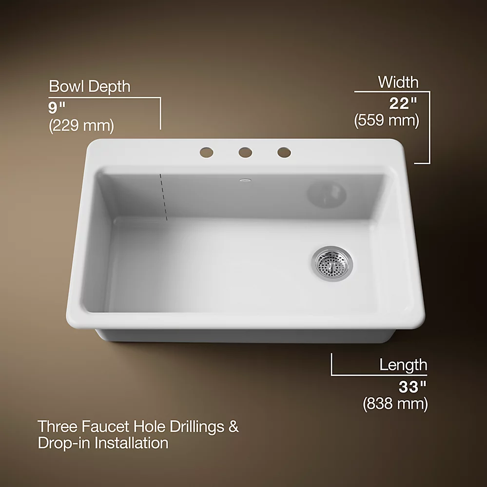 Kohler 5871-3A2-0 Riverby Sink, Single, Sr, 3-Hole