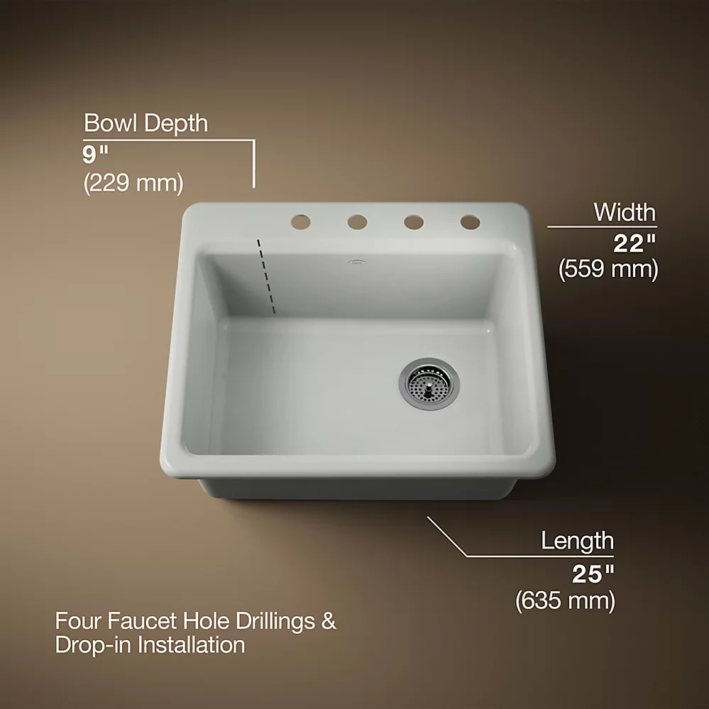 Kohler 5872-4A1-FF Riverby Sink, Single, Sr, 4-Hole