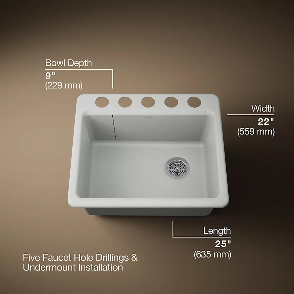 Kohler 5872-5UA1-FF Riverby Sink, Single, Uc, 5U-Hole