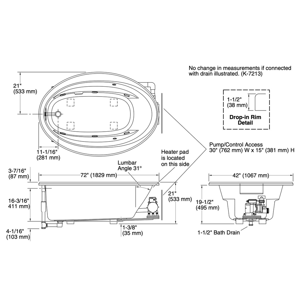 Kohler 1164-W1-0 Sunward 72" x 42" Drop-in Whirlpool Heated Bath White