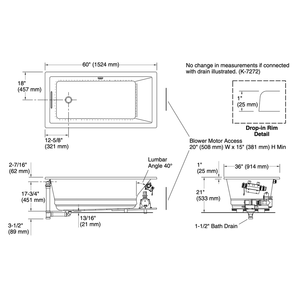Kohler 1849-GH-96 Underscore 60" x 36" Drop-in Heated Bubble Massage Air Bath Biscuit