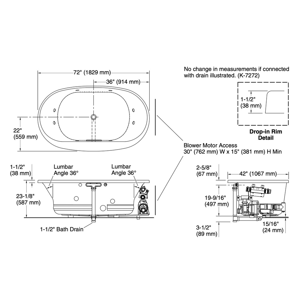 Kohler 5718-XHGH-7 Underscore 71-1/2" x 41-1/2" Drop-in Heated Whirlpool Bath Black