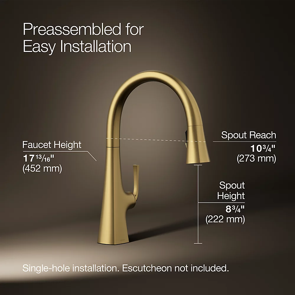 Kohler 22062-2MB Graze Pull Down Kitchen Sink Faucet Vibrant Brushed Modern Brass