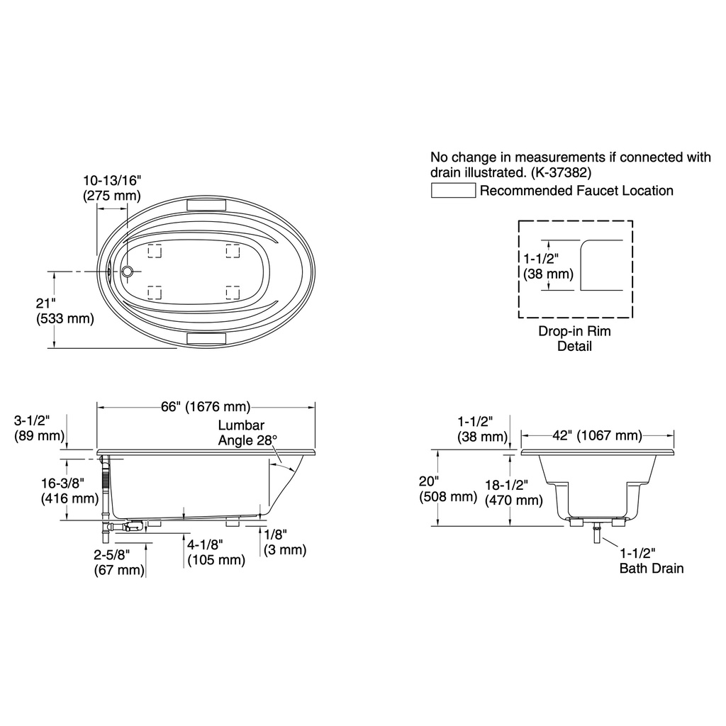Kohler 6346-0 Sunward 66X42 Oval Bath, Drop-In