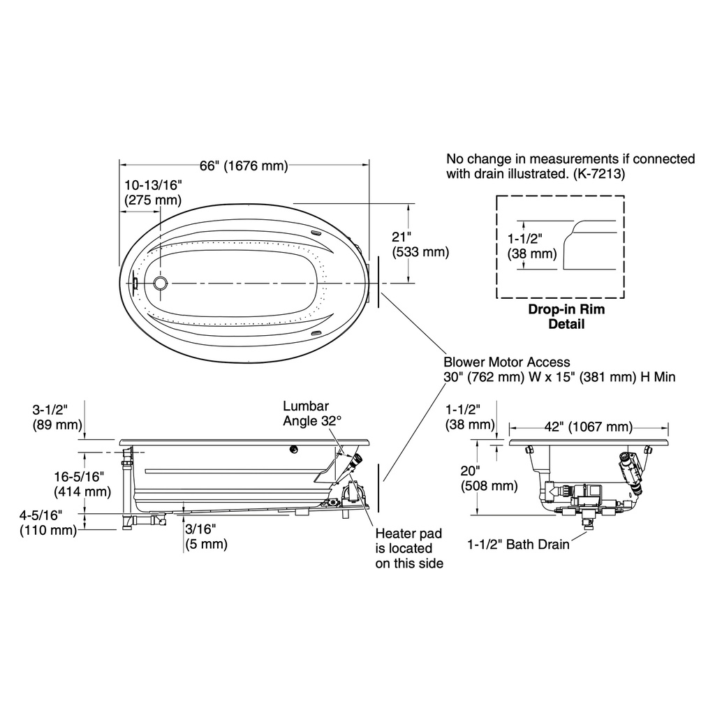 Kohler 6347-GHW-96 Sunward Heated Bbm Bask Bath, 66