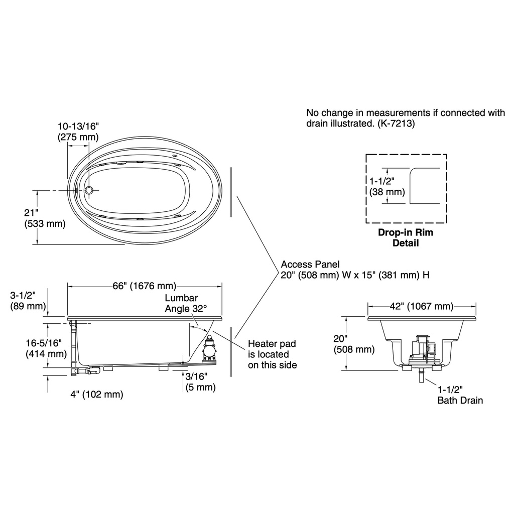 Kohler 6347-W1-0 Sunward 66X42 Oval Flexjet W/P W/Bask