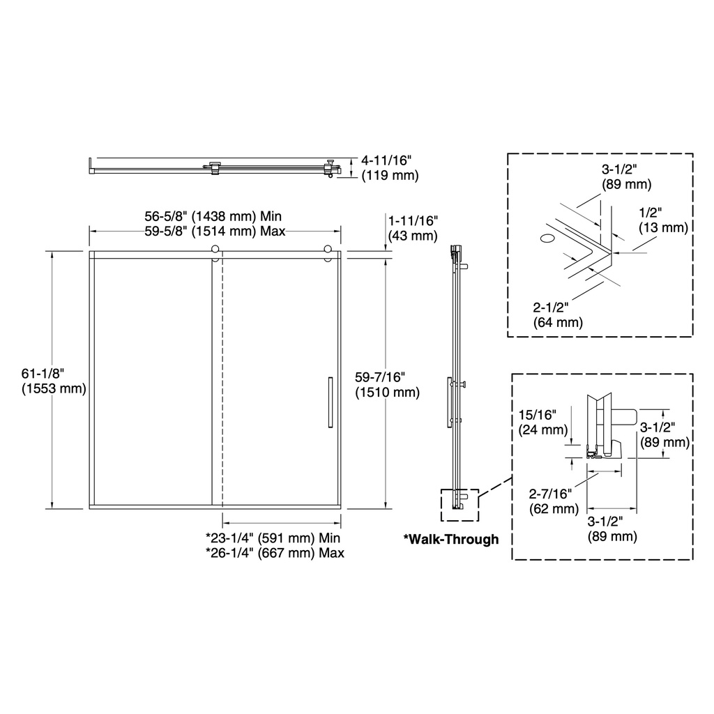 Kohler 702253-10G79-BL Rely 3/8 Bath Door 62.5X60 Hdl