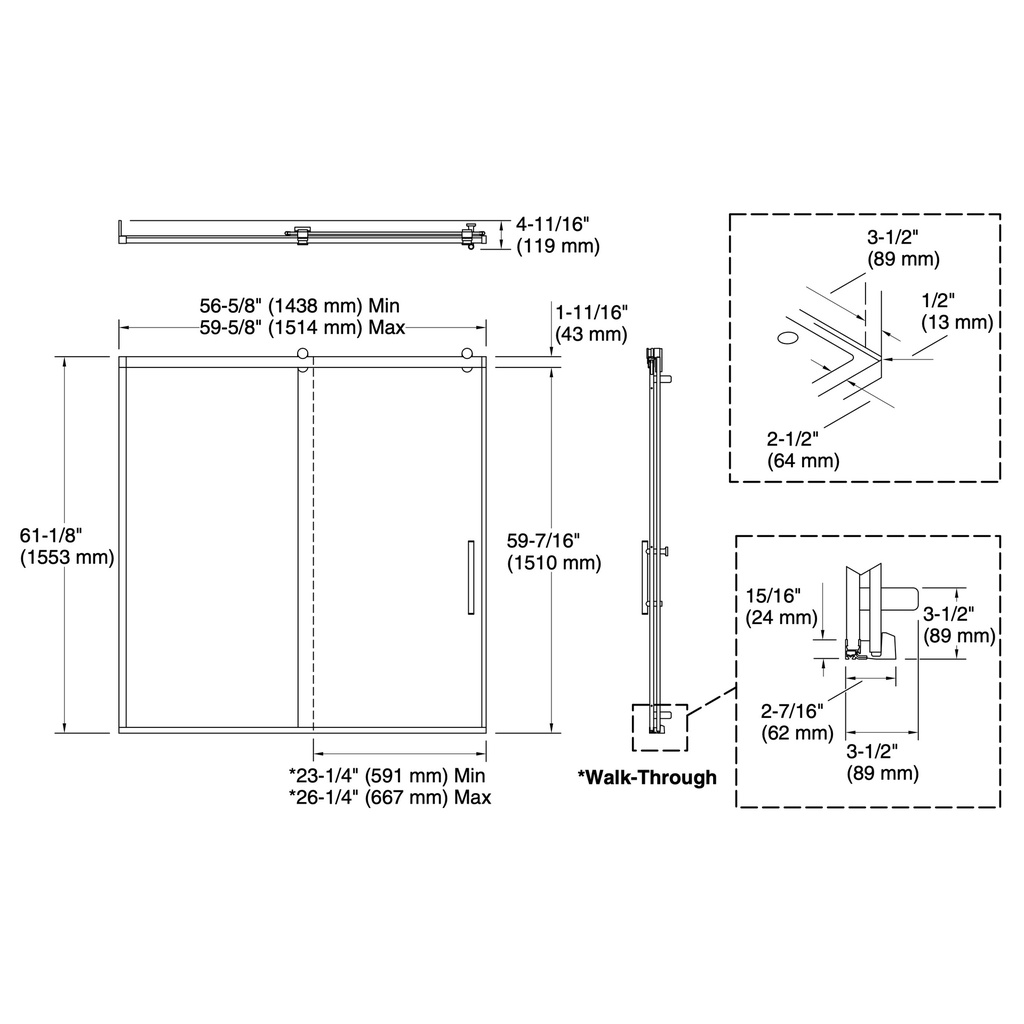 Kohler 702253-10G80-BL Rely 3/8 Bath Door 62.5X60 Hdl