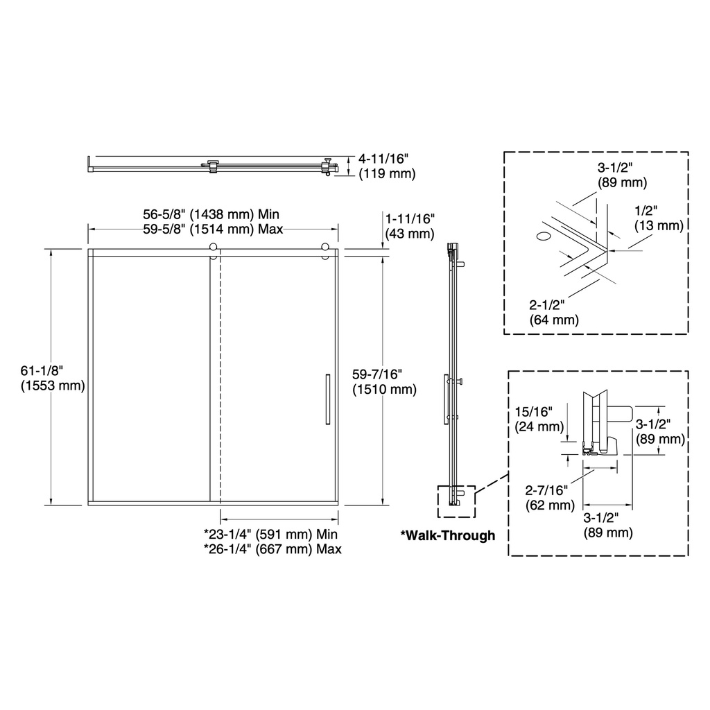 Kohler 702253-10G81-SHP Rely 3/8 Bath Door 62.5X60 Hdl