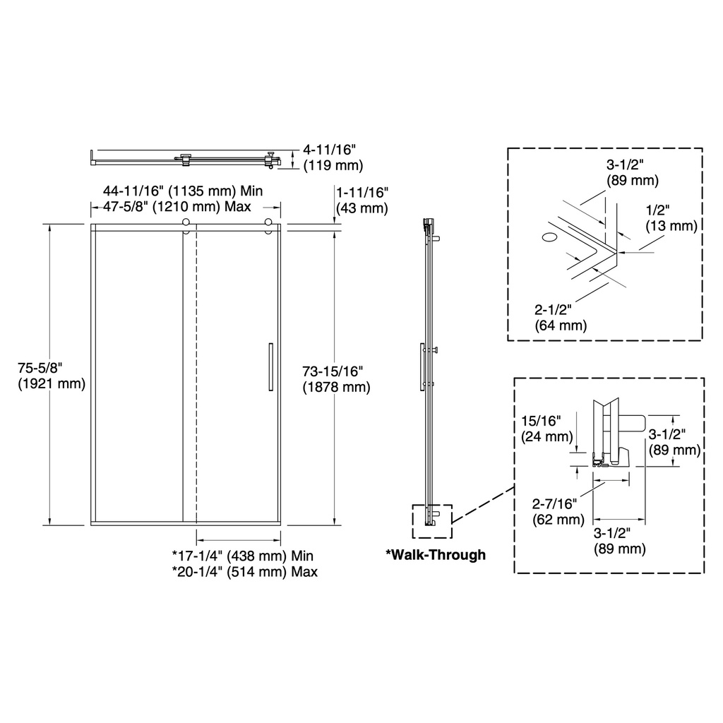 Kohler 702254-10G79-BL Rely 3/8 Shower Door 77X48 Hdl