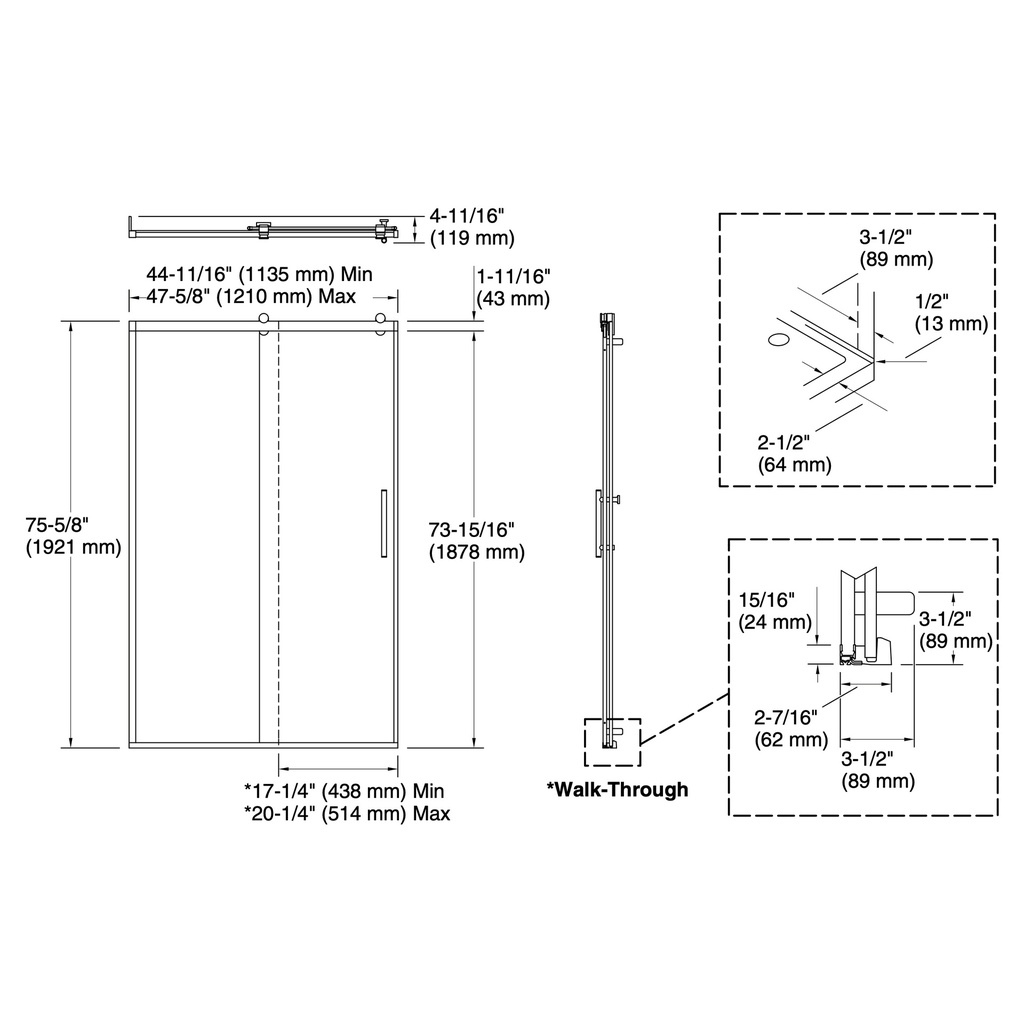 Kohler 702254-10G81-2MB Rely 3/8 Shower Door 77X48 Hdl