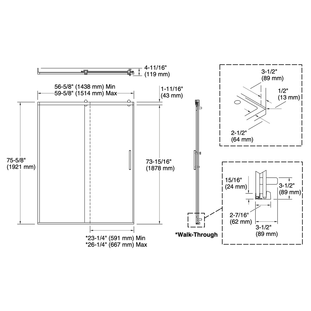 Kohler 702256-10L-2MB Rely 3/8 Shower Door 77X60 Hdl