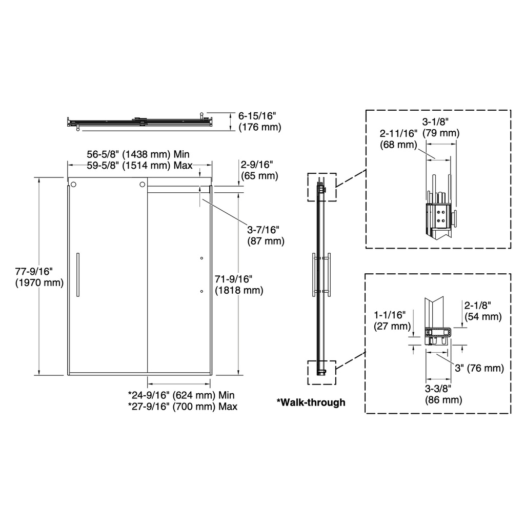 Kohler 702423-L-BL Levity Plus 5/16 Door 78X 59-5/8 Hndl