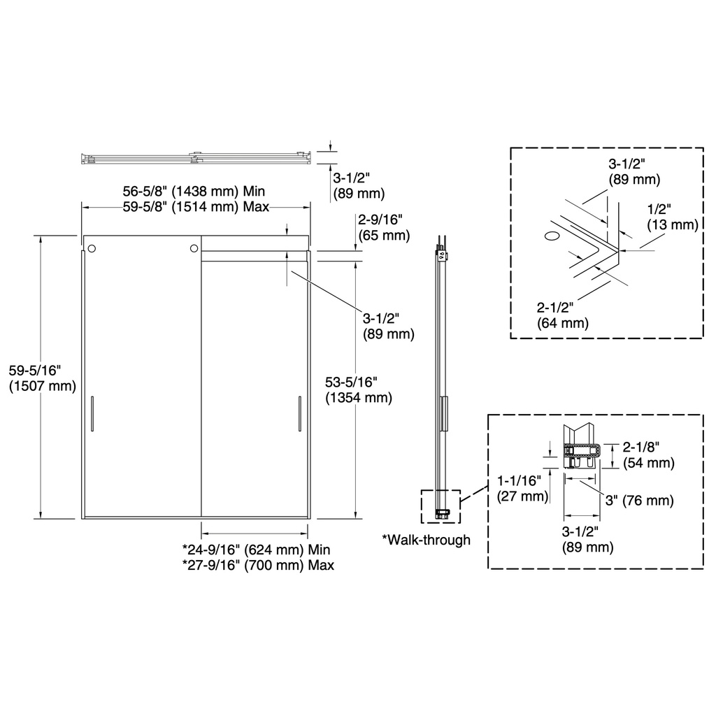 Kohler 706002-D3-BL Levity 1/4 Bath Door 59-3/4 X55-5/8 Hdl