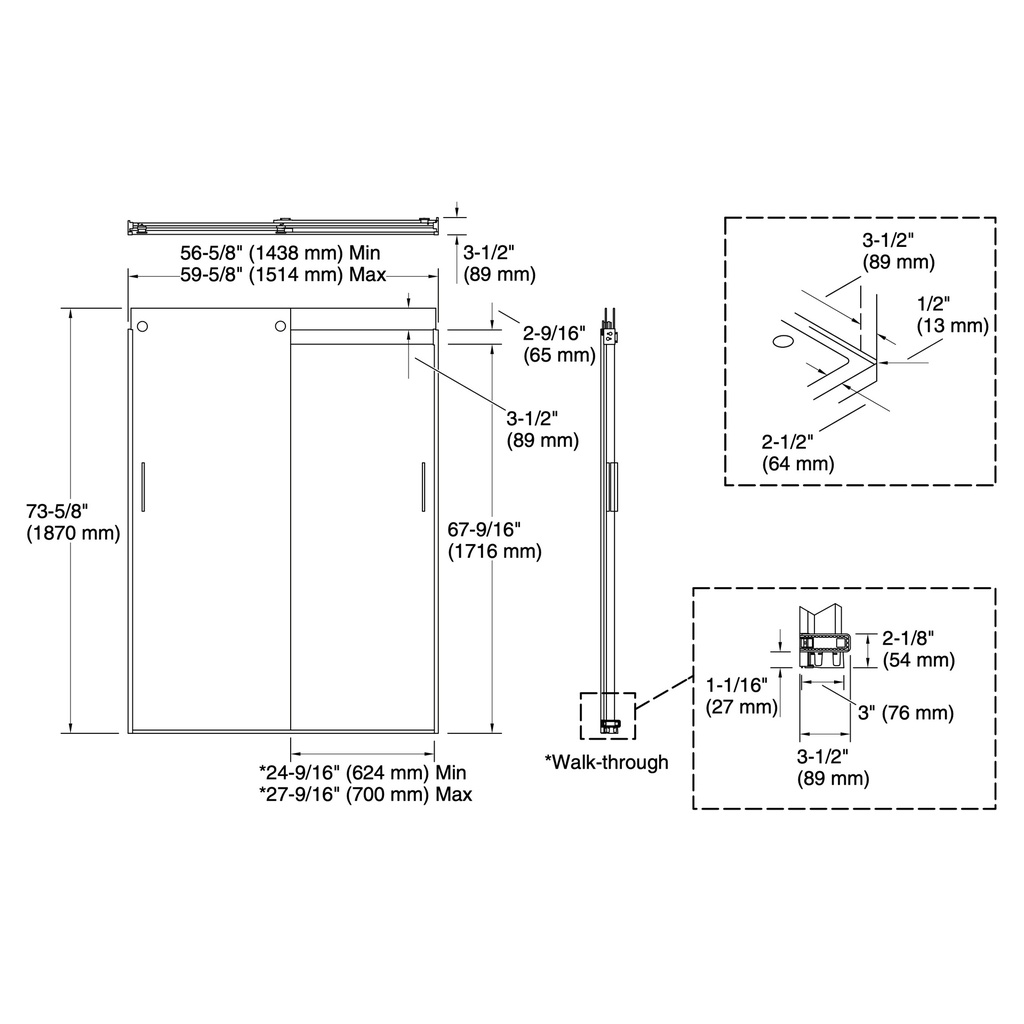 Kohler 706009-D3-MX Levity 1/4 Shower Door 74 X 59-5/8 Hdl