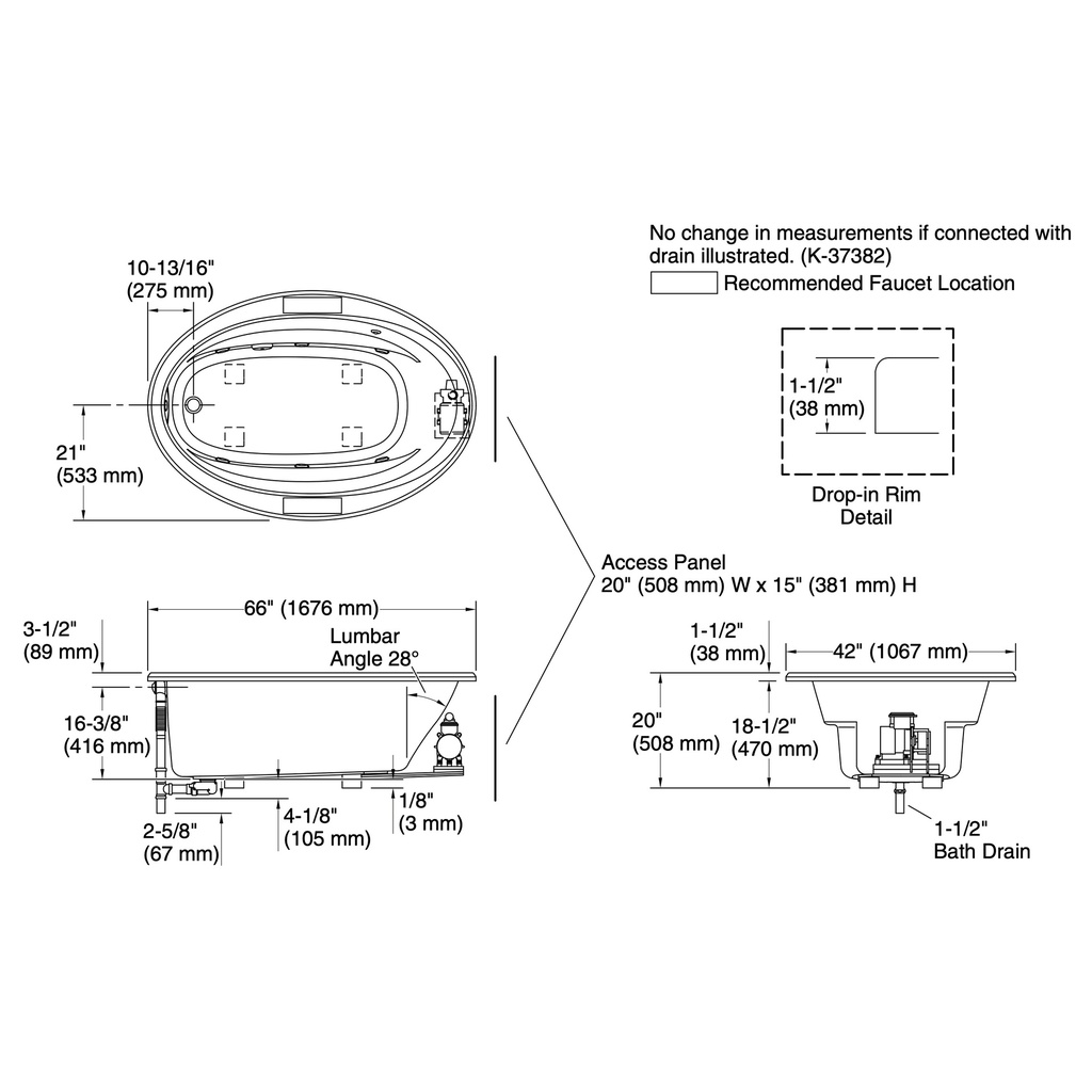 Kohler 6347-96 Sunward 66" x 42" Drop-in Whirlpool Biscuit
