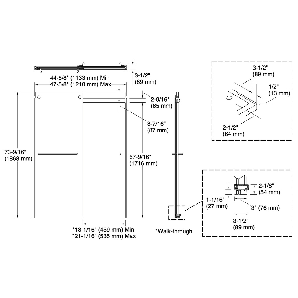 Kohler 706014-L-2MB Levity 1/4 Shower Door 74 X 47-5/8 Tb