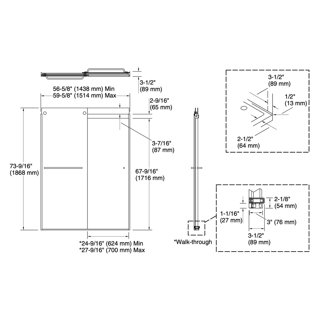 Kohler 706015-D3-MX Levity 1/4 Shower Door 74 X 59-5/8 Tb
