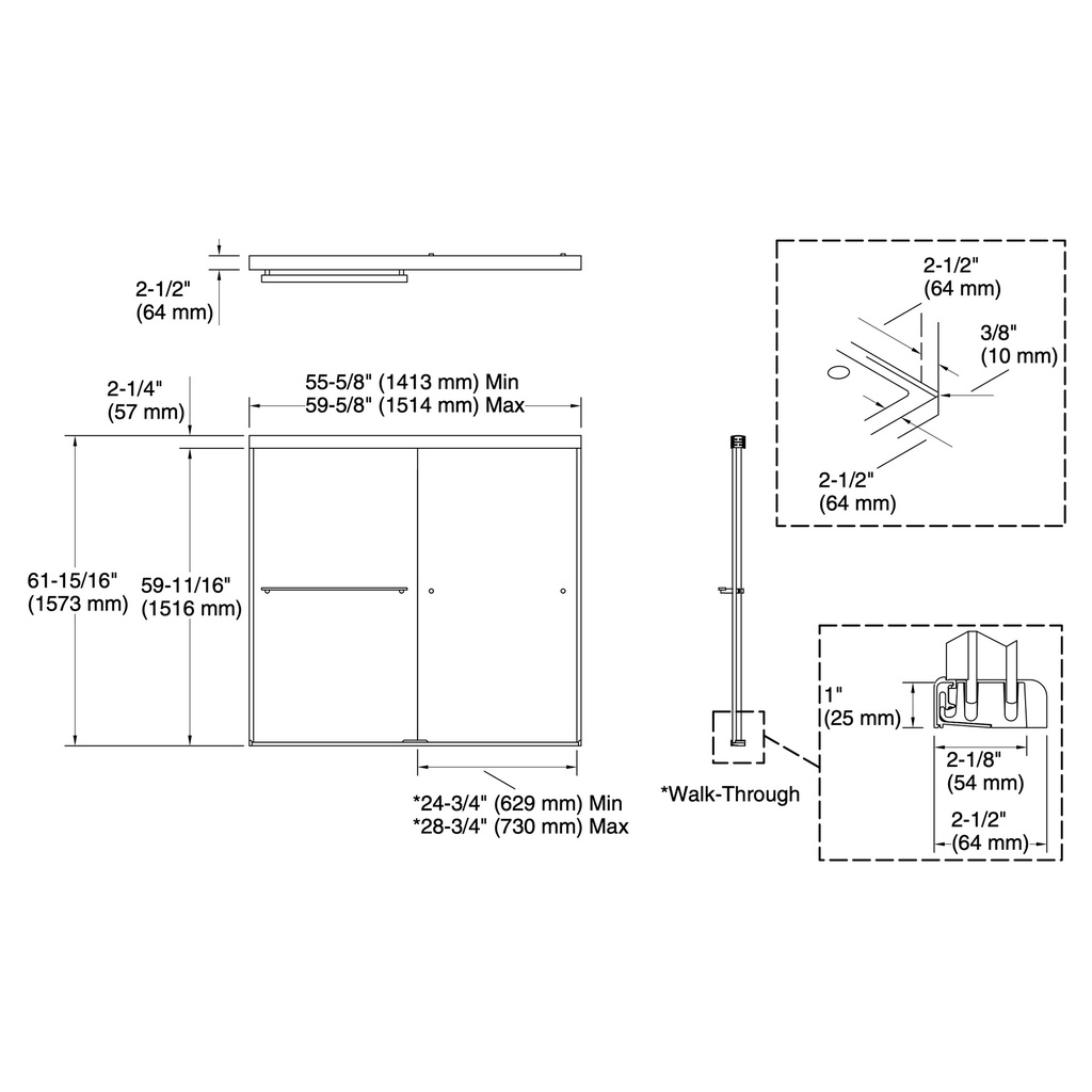 Kohler 707002-D3-BNK Revel 5/16 Bath Door, 62 X 59-5/8