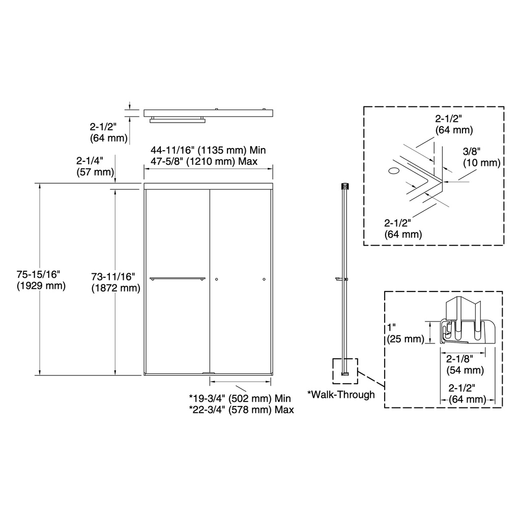 Kohler 707106-L-BNK Revel 5/16 Shower Door, 76 X 47-5/8