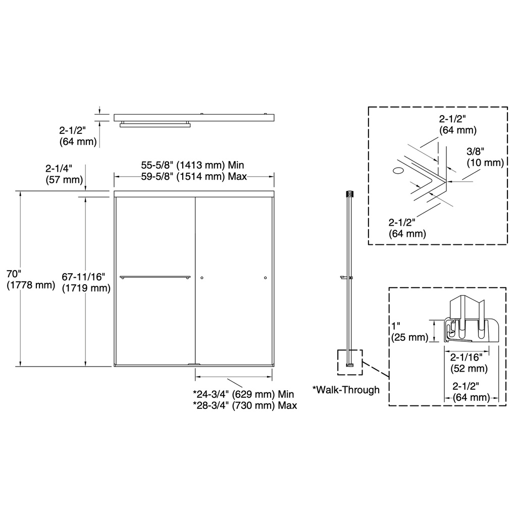Kohler 707200-D3-BNK Revel 1/4 Shower Door, 70 X 59-5/8