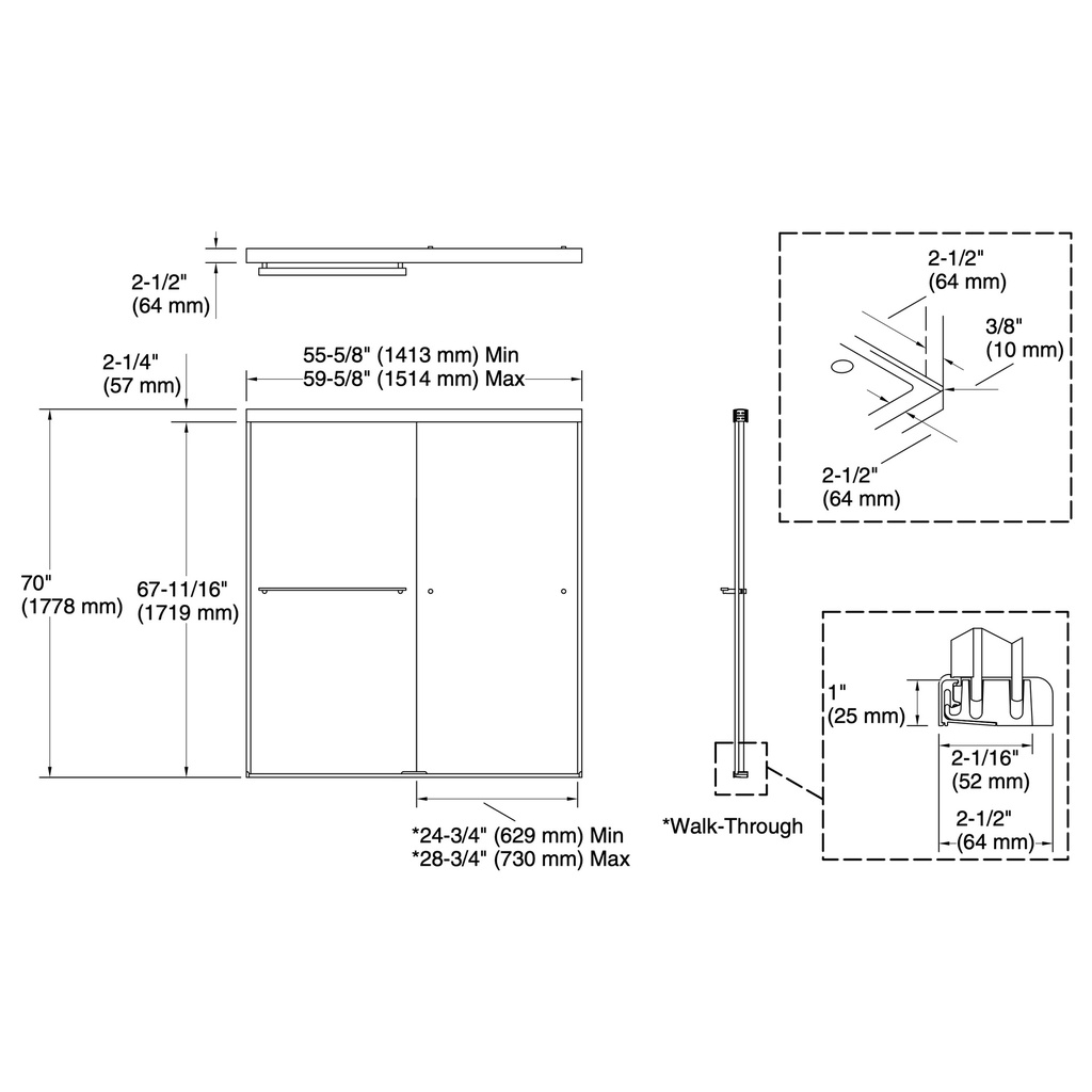 Kohler 707200-L-ABZ Revel 1/4 Shower Door, 70 X 59-5/8