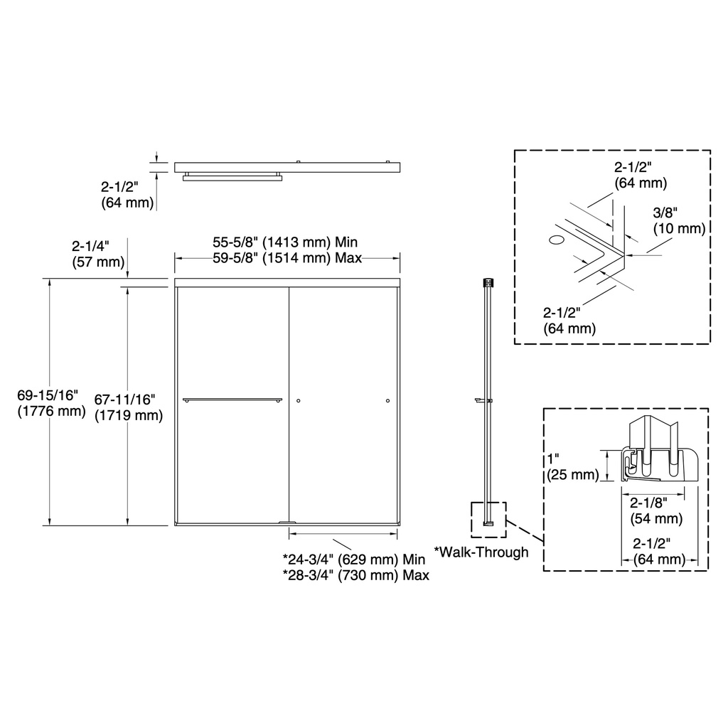 Kohler 707201-L-BNK Revel 5/16 Shower Door, 70 X 59-5/8