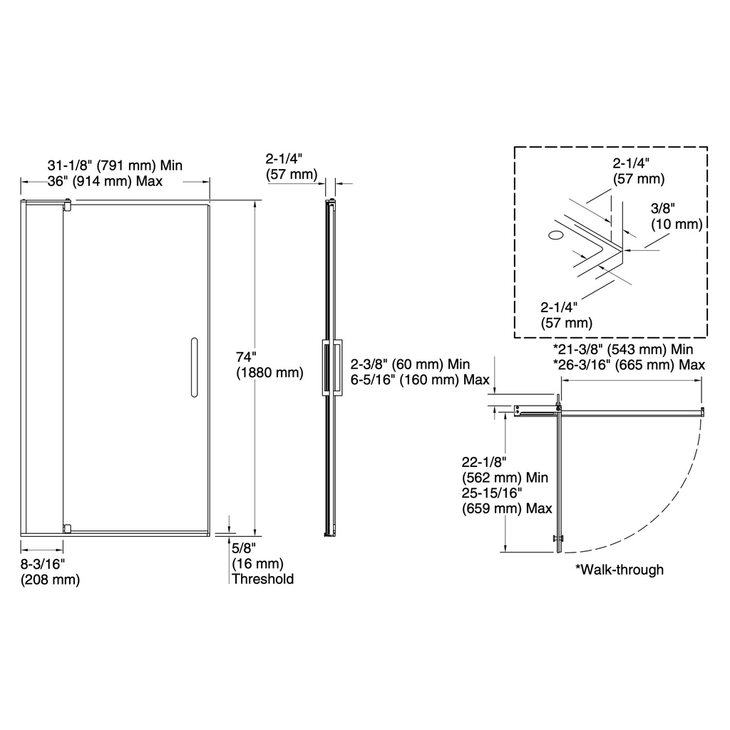 Kohler 707516-L-BNK Revel 5/16 Pivot Door, 74 X 36