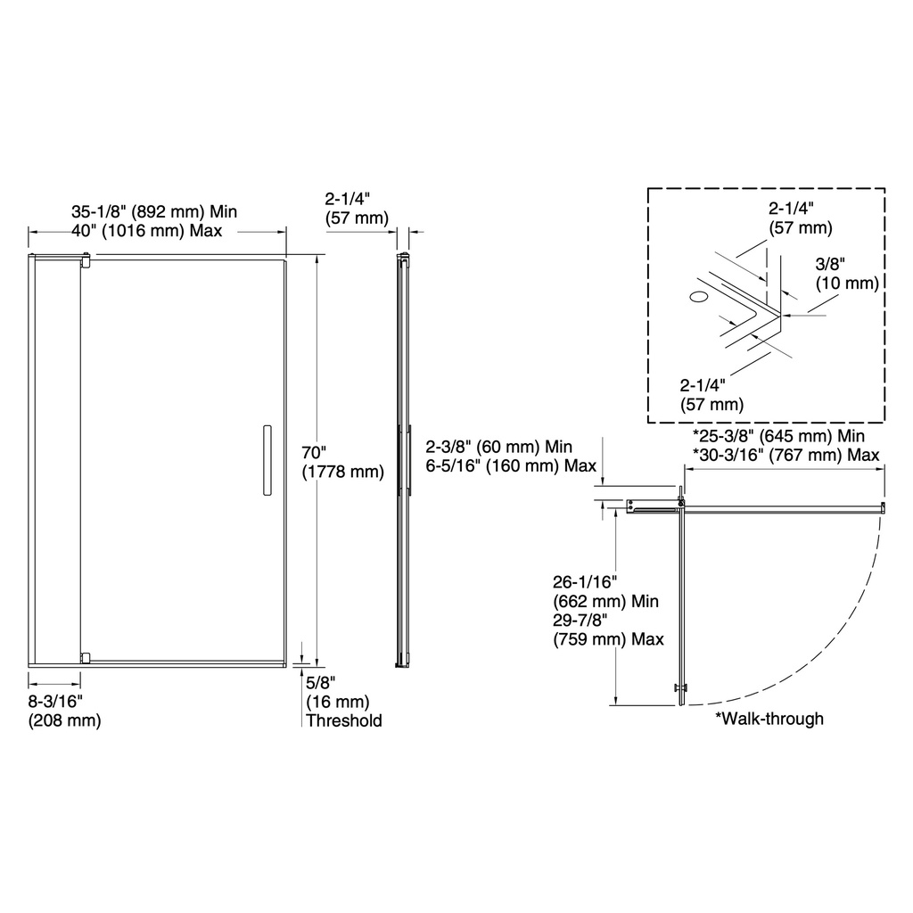 Kohler 707531-L-ABZ Revel 5/16 Pivot Door, 70 X 40