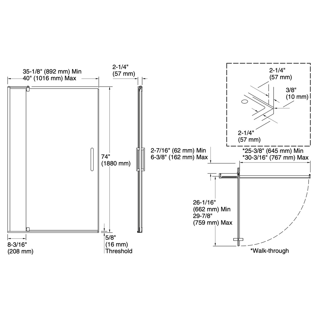 Kohler 707536-L-BNK Revel 5/16 Pivot Door, 74 X 40