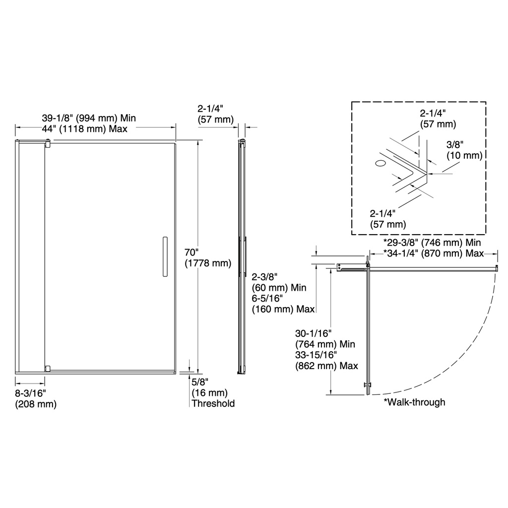 Kohler 707541-D3-BNK Revel 5/16 Pivot Door, 70 X 44