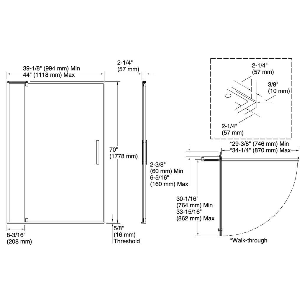 Kohler 707541-L-BNK Revel 5/16 Pivot Door, 70 X 44