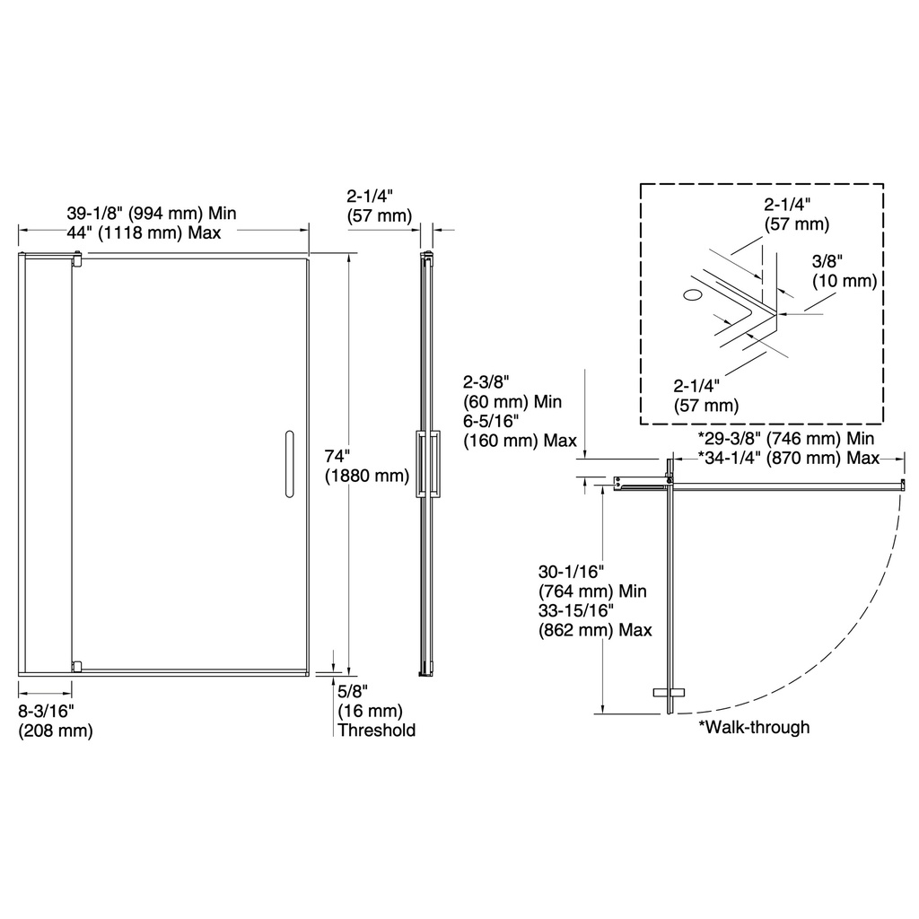 Kohler 707546-L-BNK Revel 5/16 Pivot Door, 74 X 44