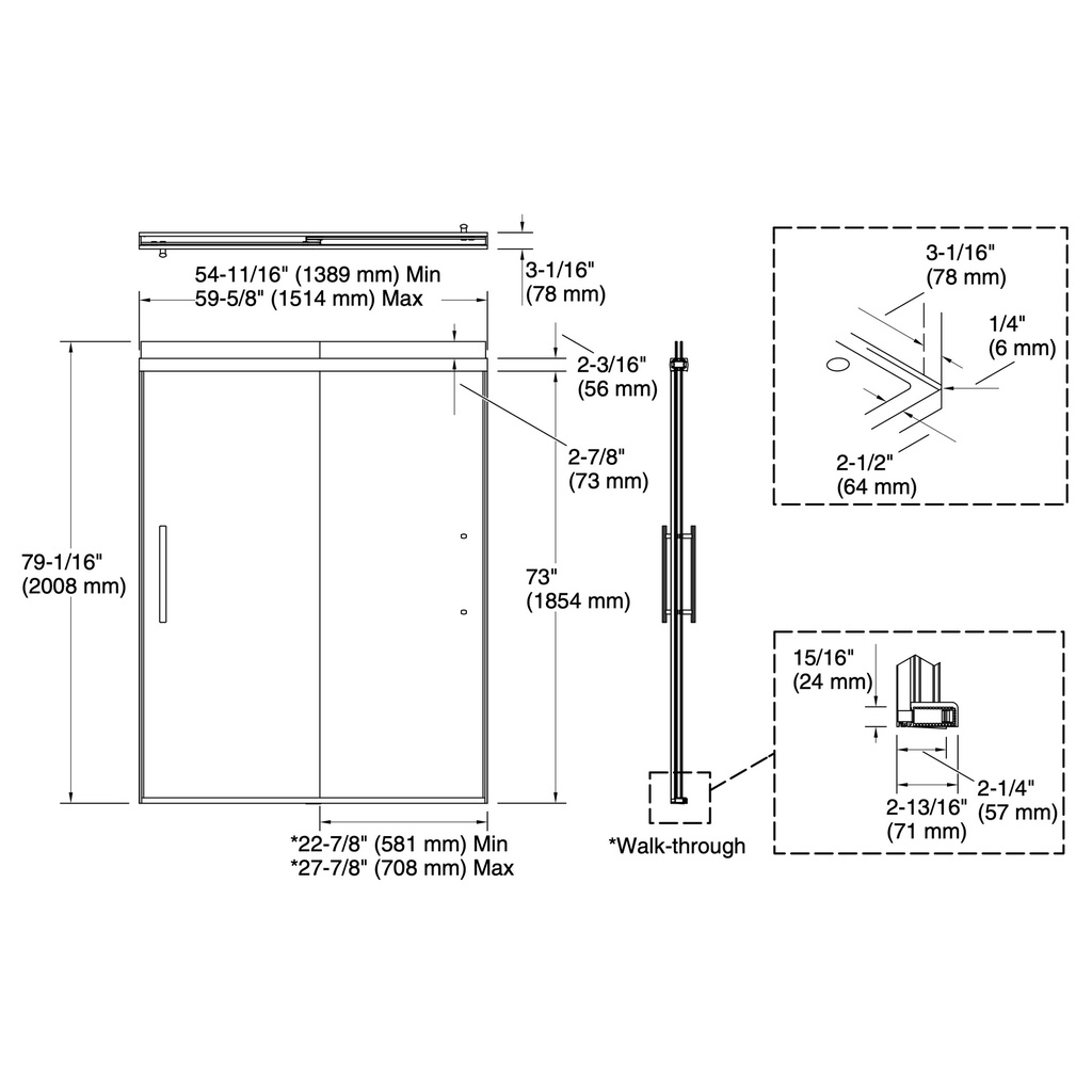 Kohler 707600-8D3-BNK Pleat 5/16 Shower Door 79 1/16X59 5/8
