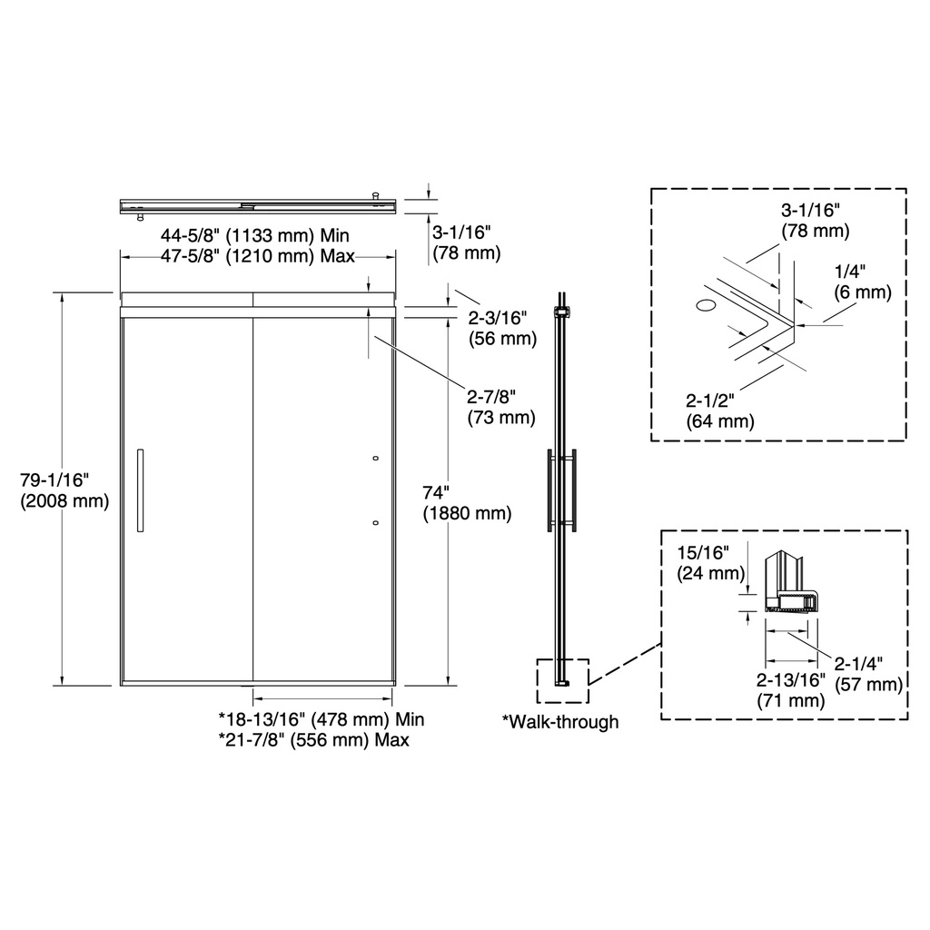Kohler 707601-8L-SHP Pleat 5/16 Shower Door 79 1/16X47 5/8