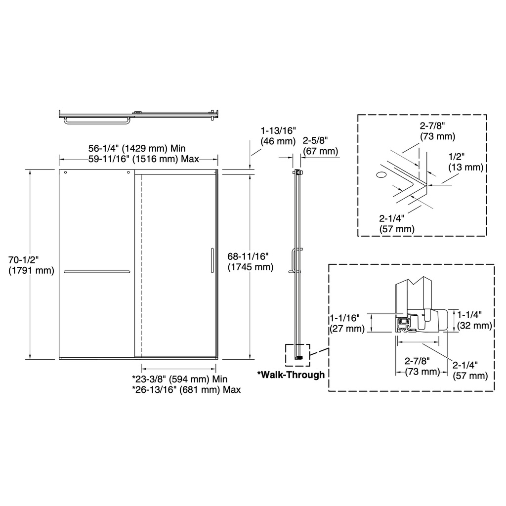 Kohler 707608-6G79-BL Elate 1/4 Shower Door 70 1/2 X 59 5/8