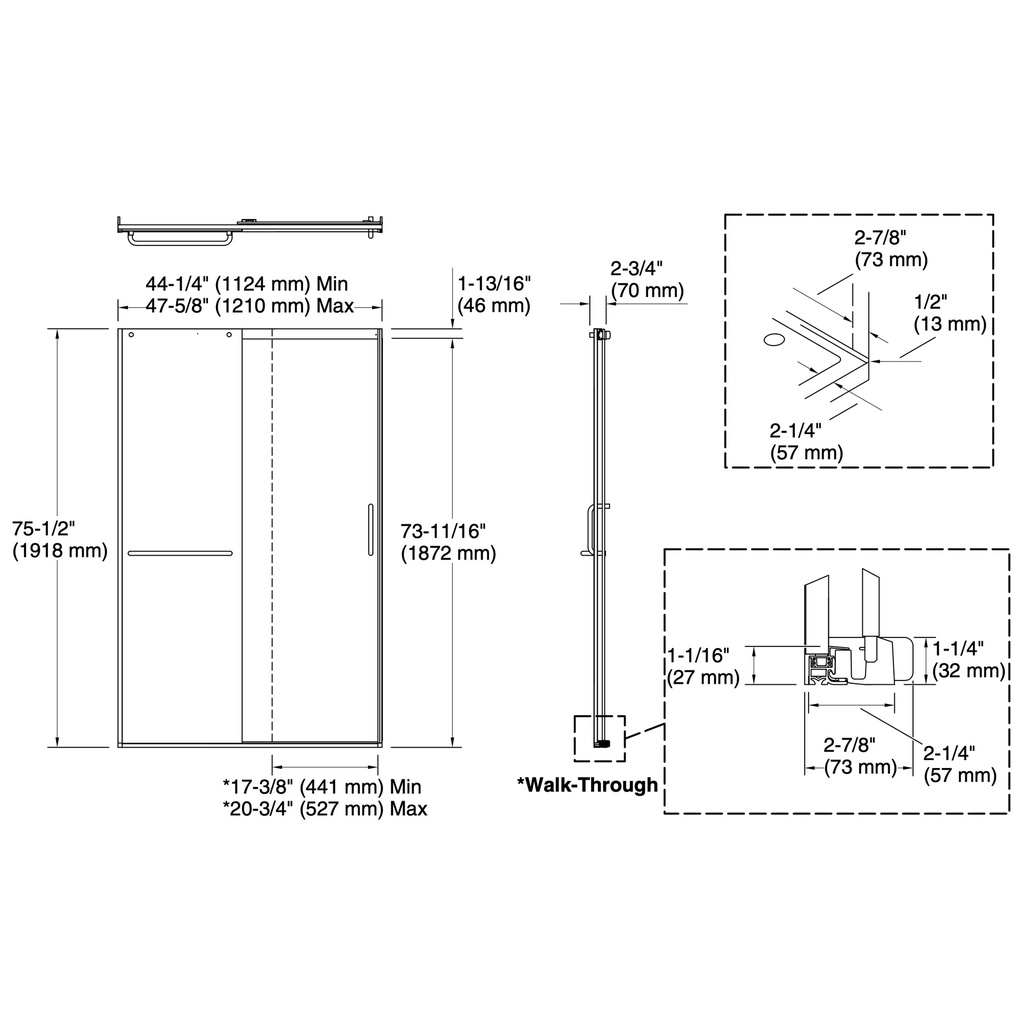 Kohler 707613-8G80-BL Elate 5/16 Shower Door 75 1/2 X 47 5/8
