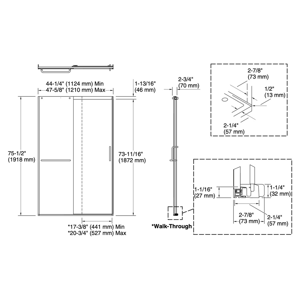 Kohler 707613-8G81-BL Elate 5/16 Shower Door 75 1/2 X 47 5/8