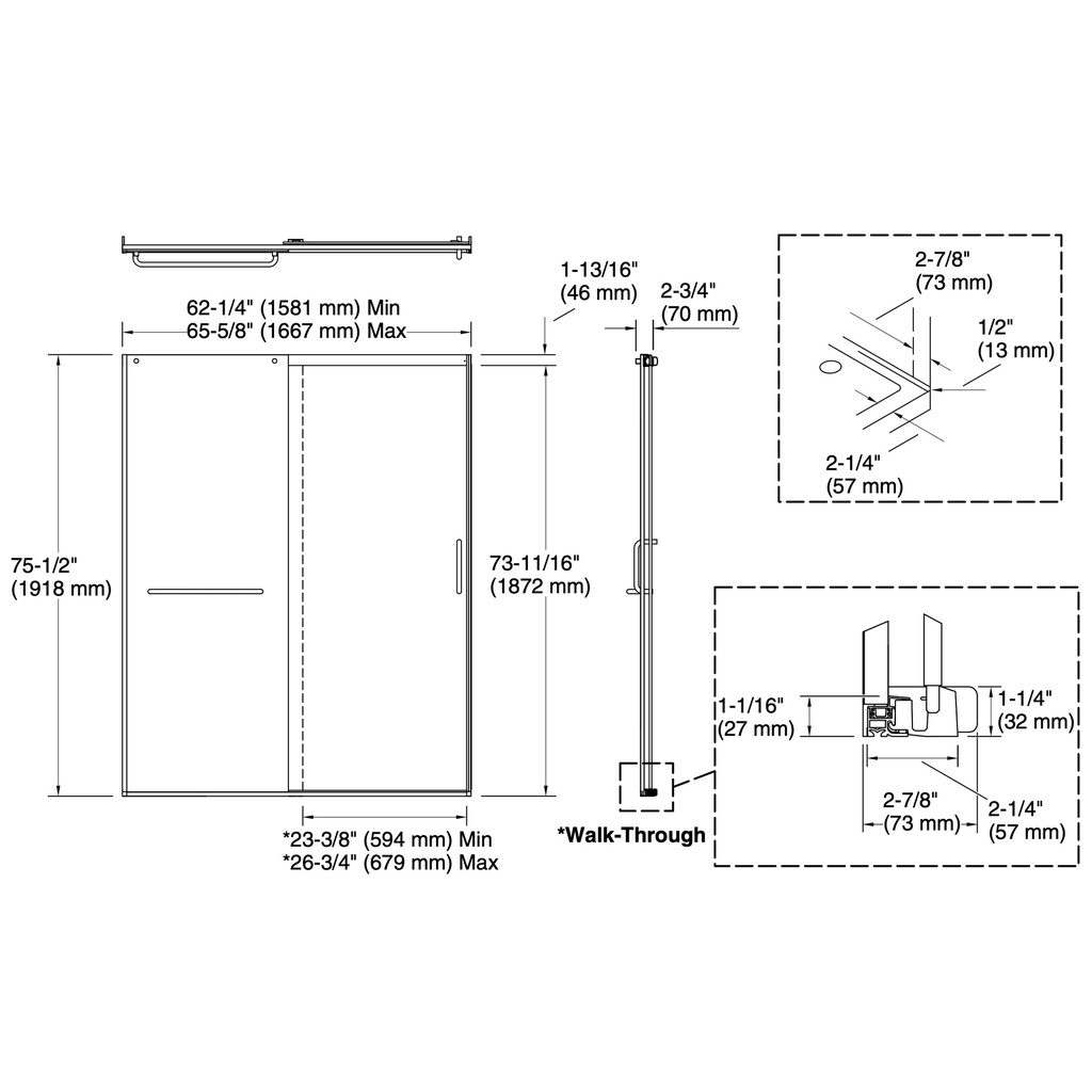 Kohler 707616-8G81-BL Elate 5/16 Shower Door 75 1/2 X 65 5/8