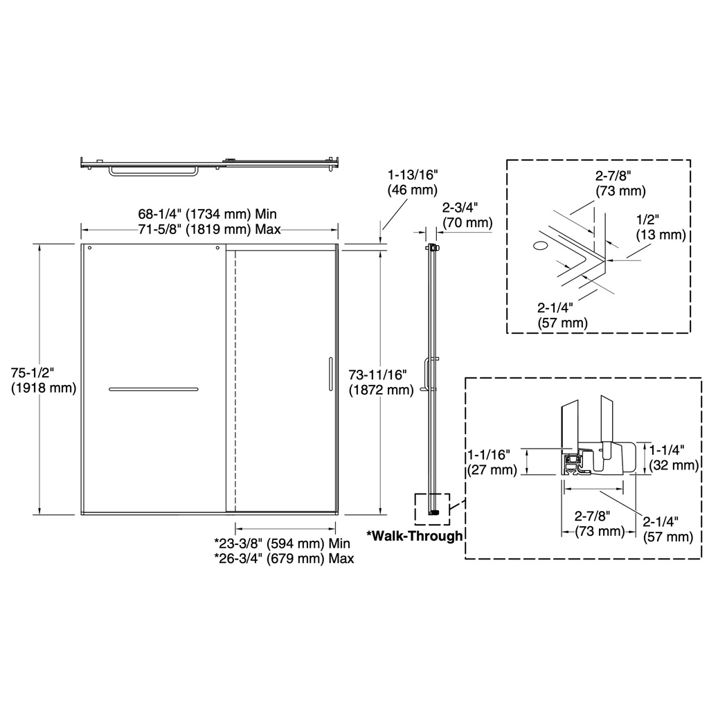 Kohler 707617-8G81-BL Elate 5/16 Shower Door 75 1/2 X 71 5/8