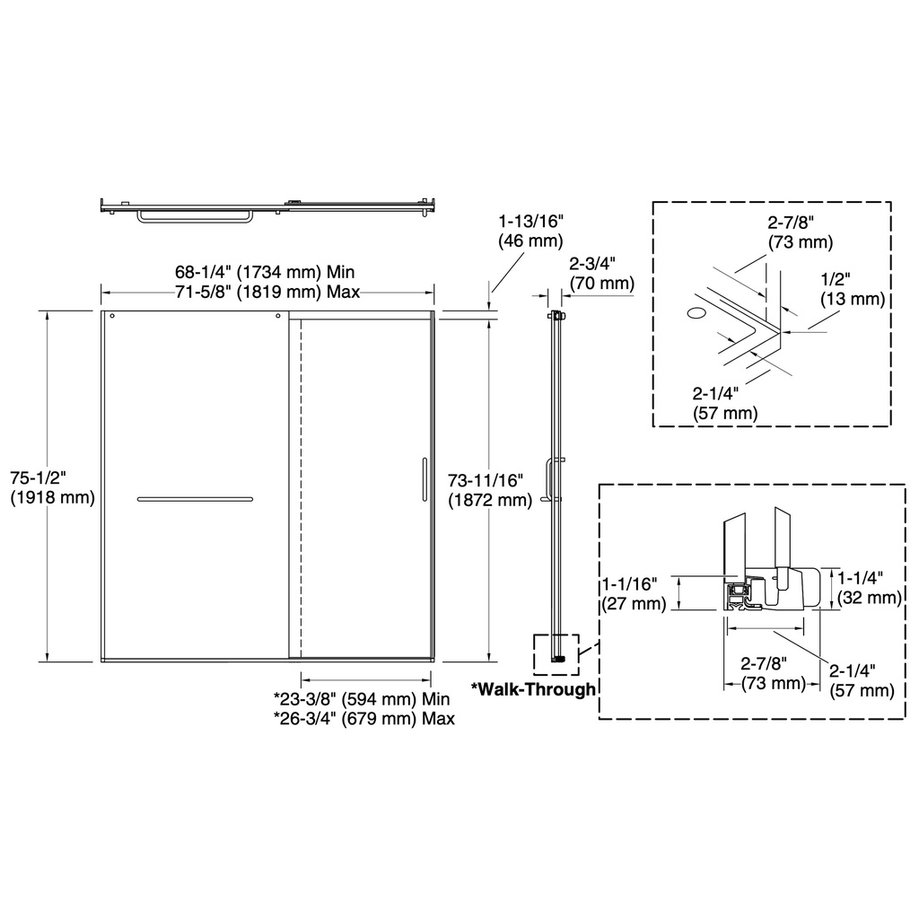 Kohler 707617-8L-BL Elate 5/16 Shower Door 75 1/2 X 71 5/8