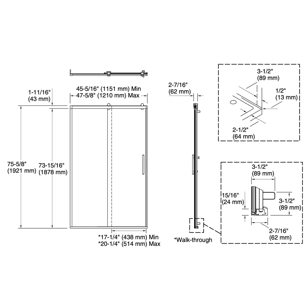 Kohler 709080-10L-BNK Rely 3/8 Shower Door 77X48 Hdl,Sn
