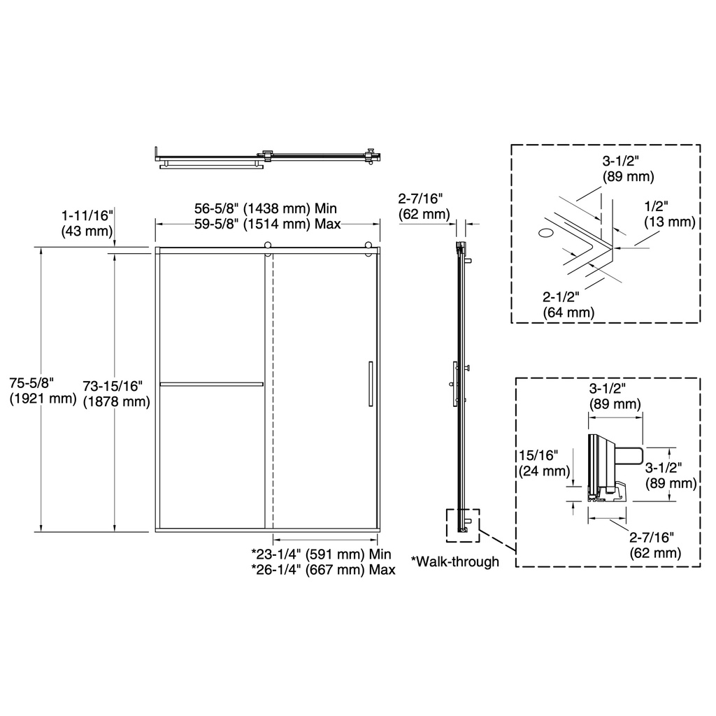 Kohler 709081-10L-BL Rely 3/8 Shower Door 77X60 Hdl/Tb,Sn