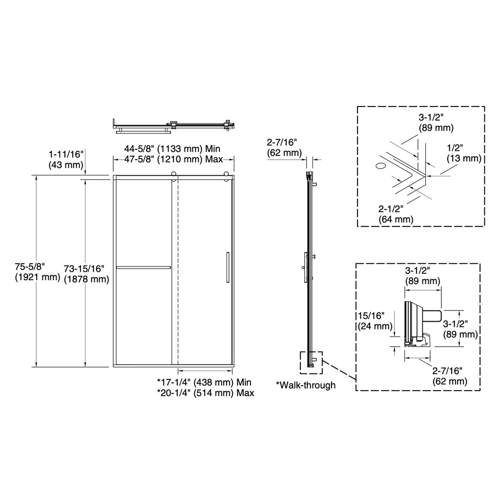 Kohler 709082-10L-BNK Rely 3/8 Shower Door 77X48 Hdl/Tb,Sn