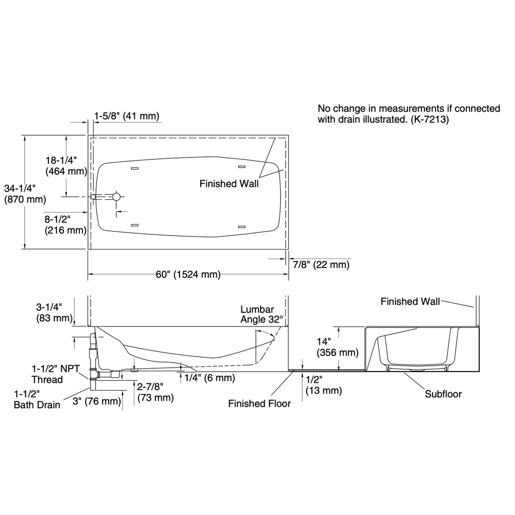 Kohler 713-96 Villager 5' Bath/Lft X-4 Ledge
