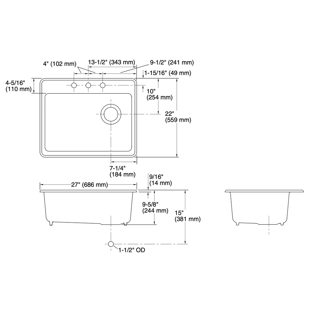 Kohler 8668-3A1-96 Riverby Single Basin Top Mount Sink