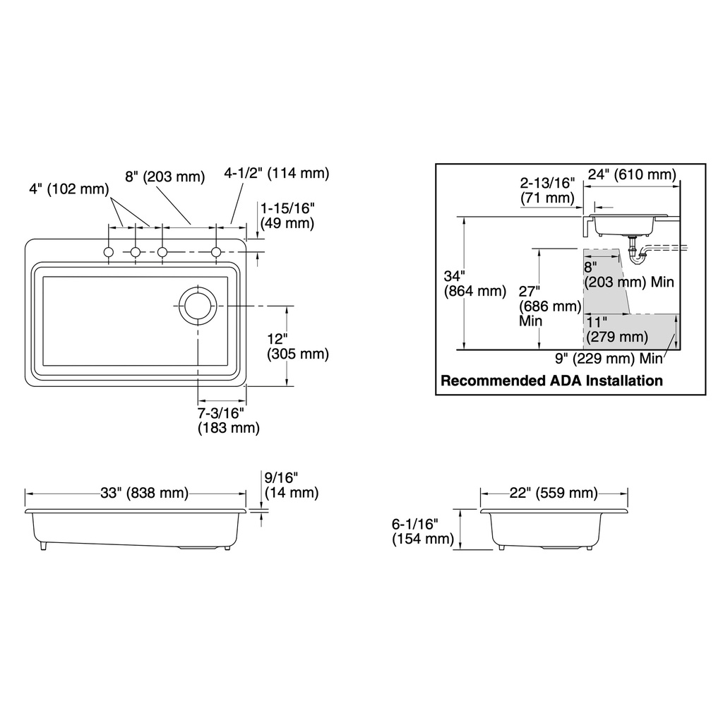Kohler 8689-4-96 Riverby 33 Single Basin Sink