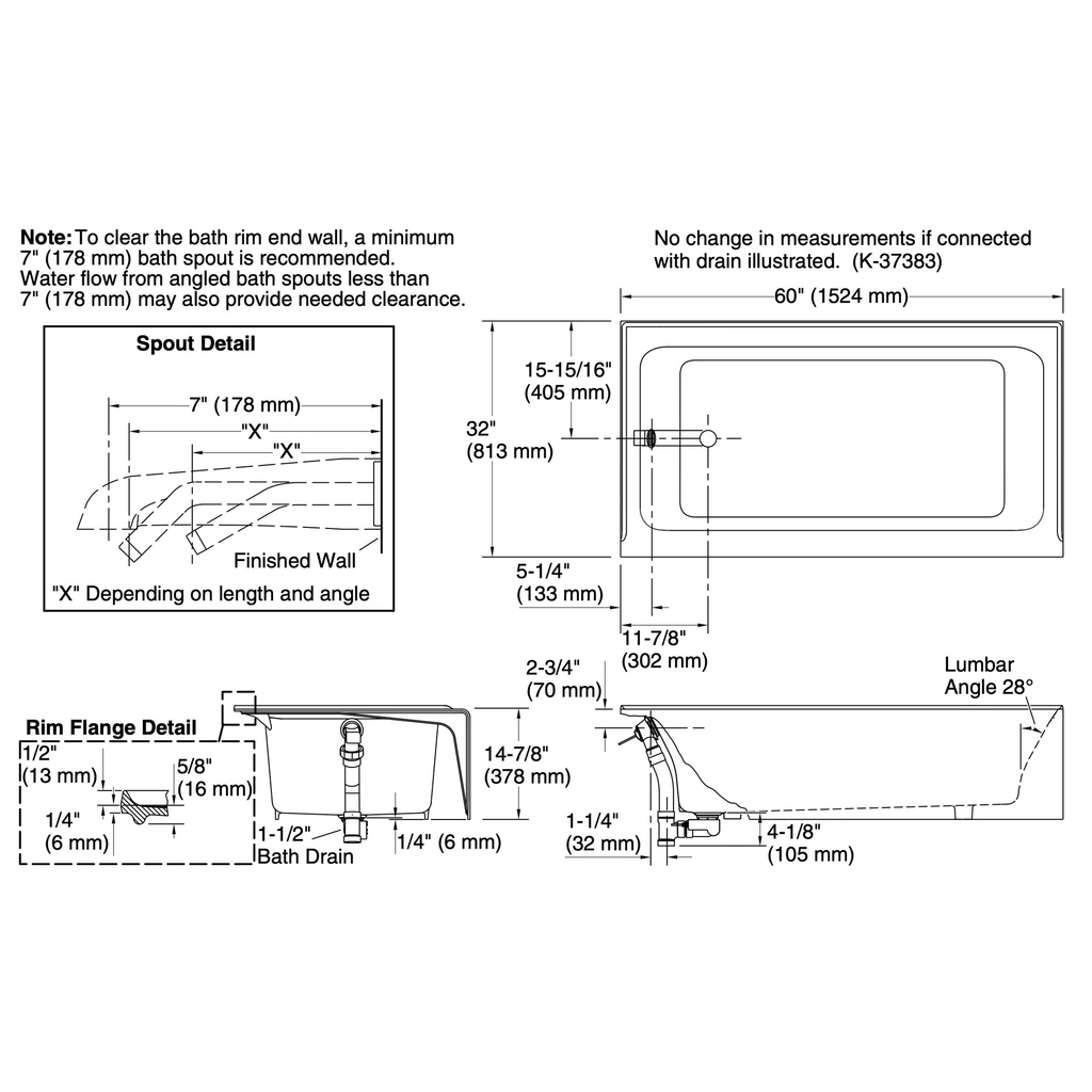 Kohler 875-96 Bellwether Cast Iron Bath, Lh