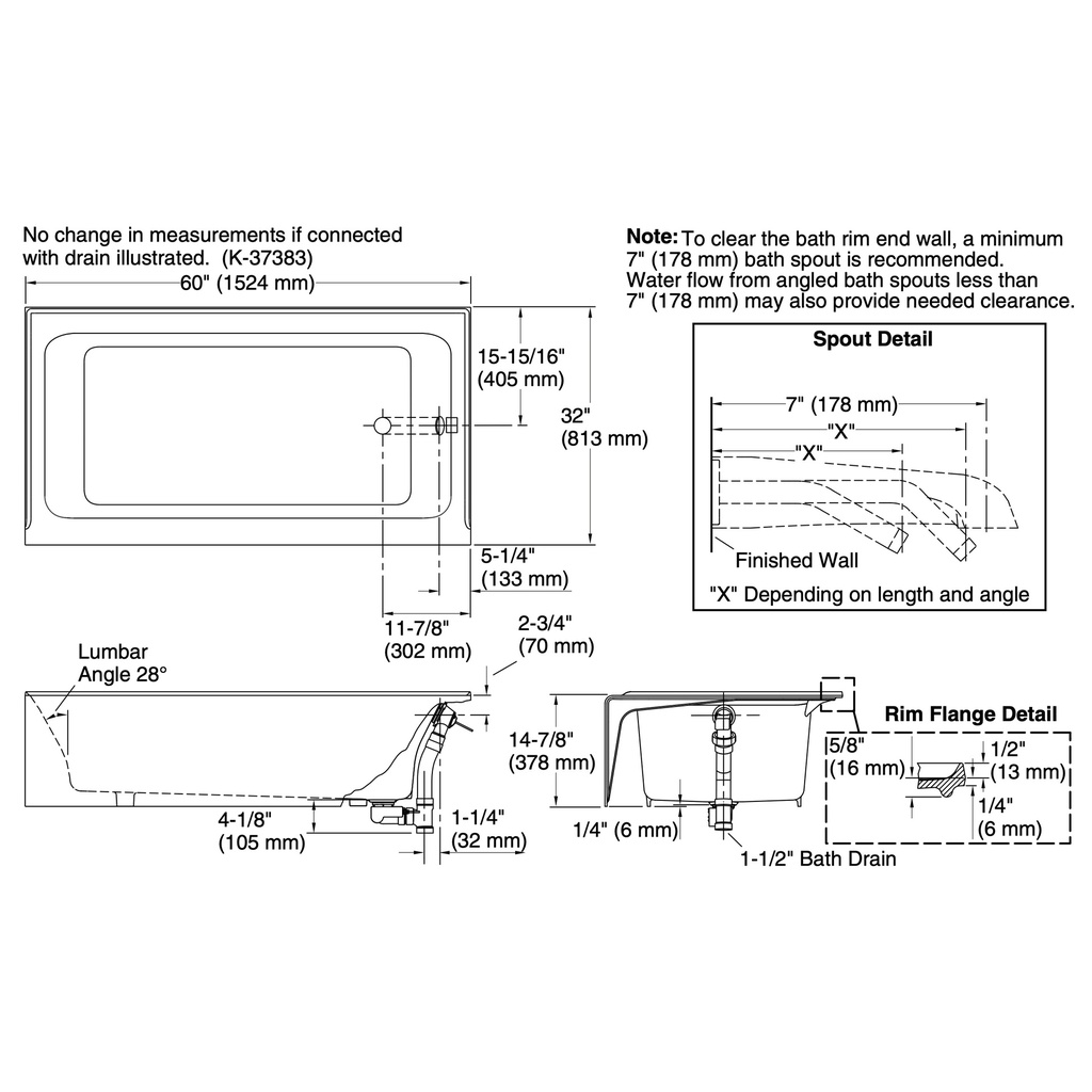 Kohler 876-96 Bellwether Cast Iron Bath, Rh